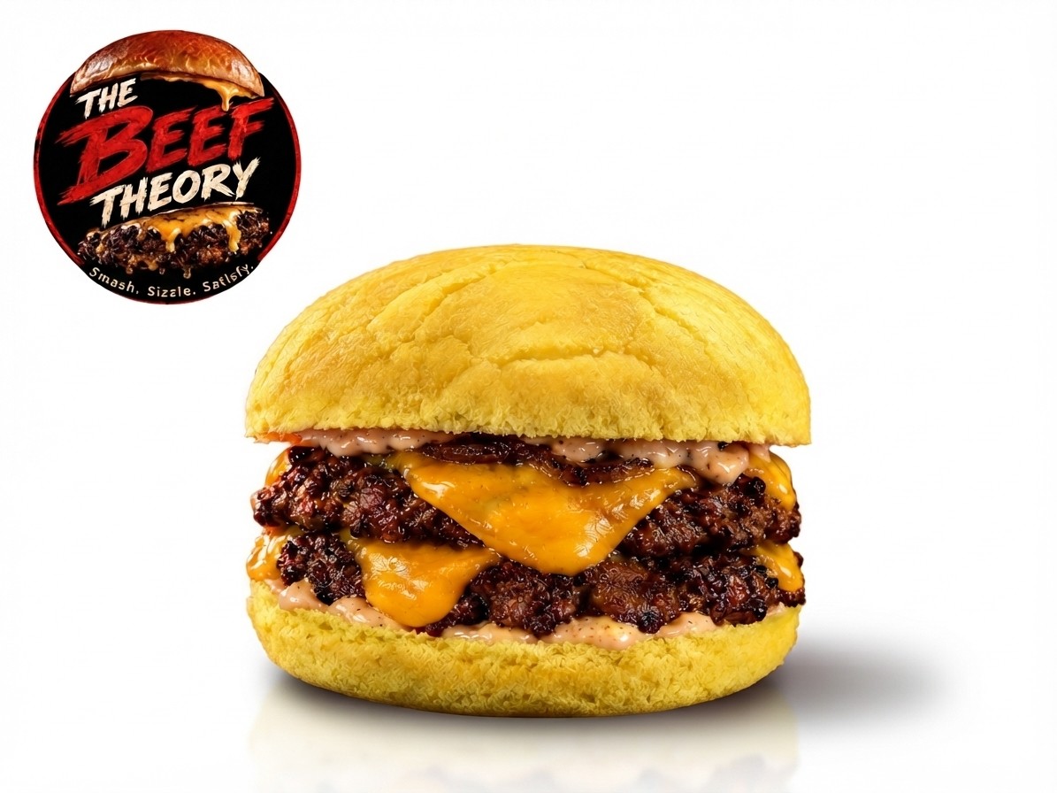 The OG Theory beef smash burger with melted cheese, close up