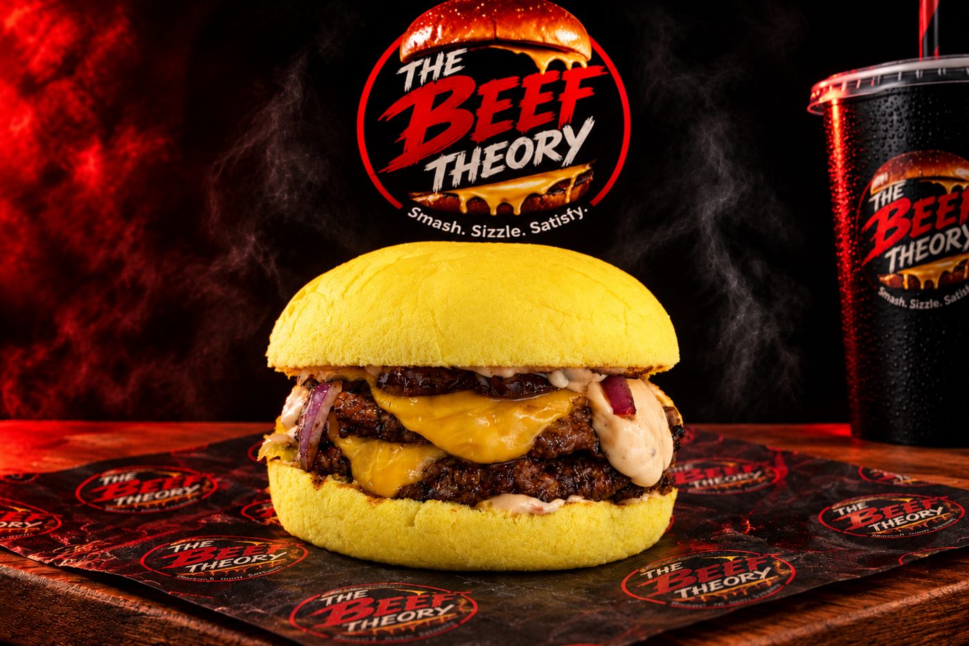 The Beef Theory smash burger with melted cheese and beef patty, close up